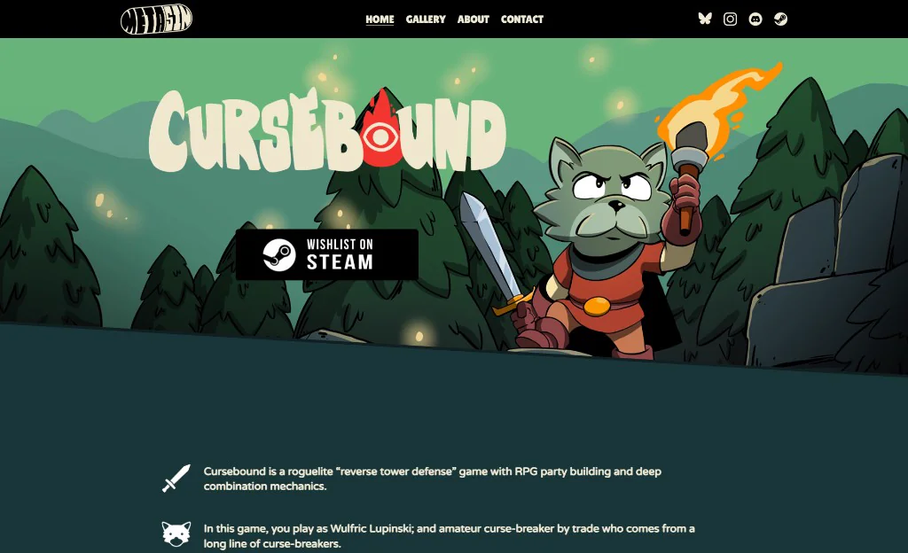 MetaSin Games Cursebound landing page sample